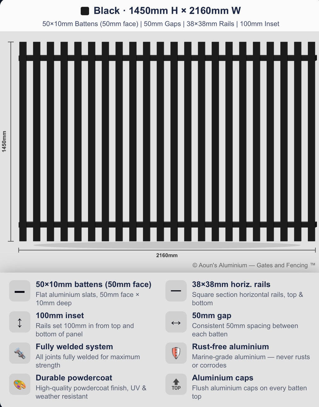 Aluminium Slim Batten Fence Panel 2.2m Wide (50x10, 50mm Face)