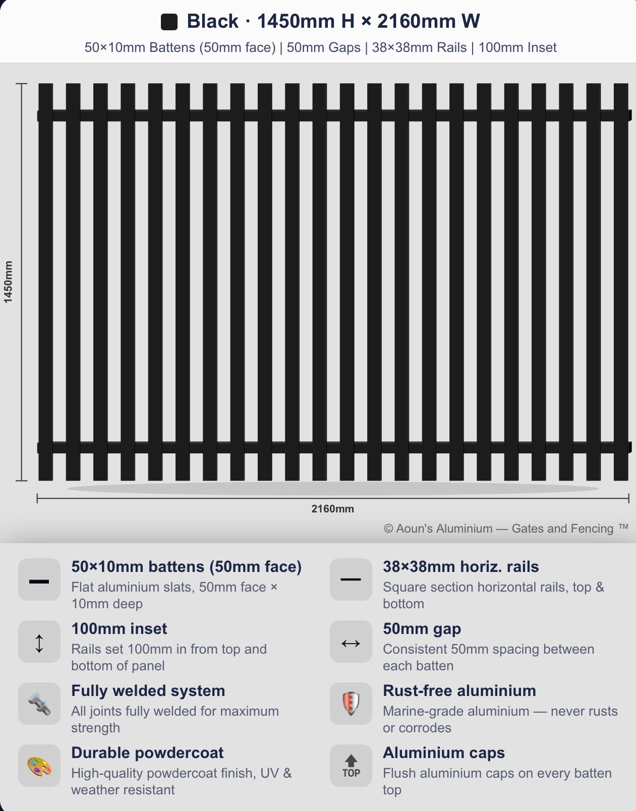 Aluminium Slim Batten Fence Panel 2.2m Wide (50x10, 50mm Face)