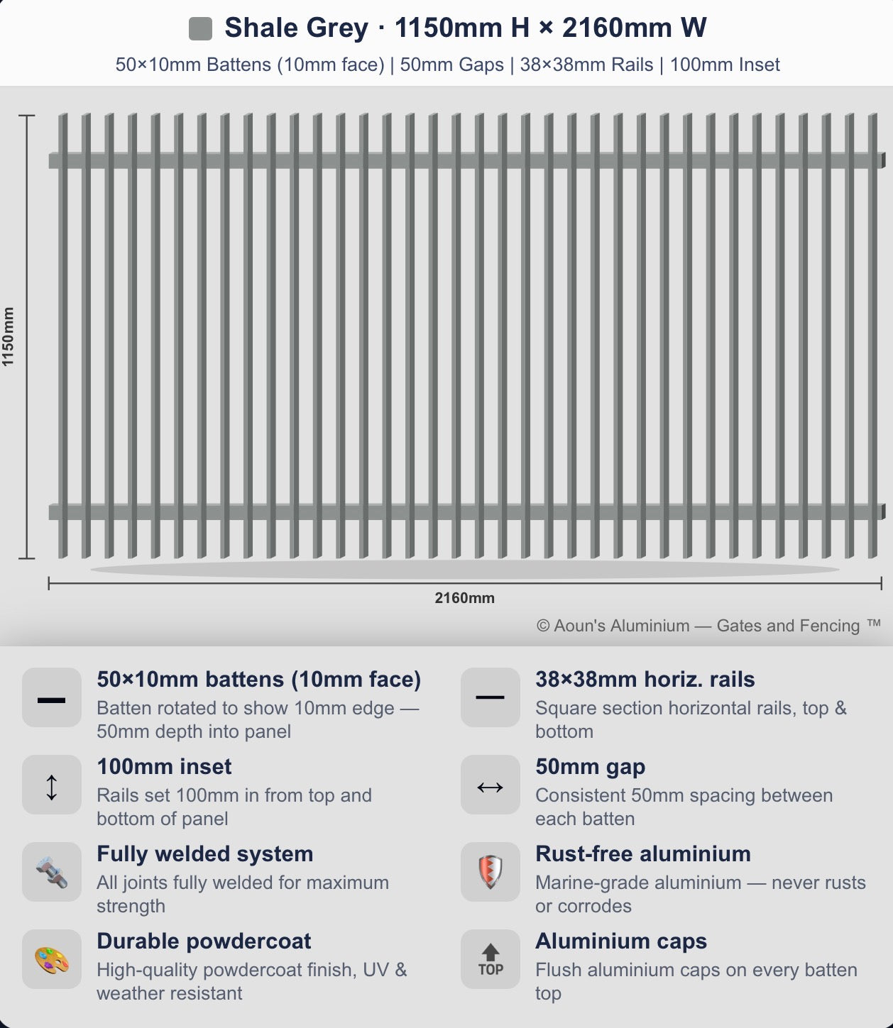 Aluminium Blade Fence Panel 2.2m Wide (50x10, 10mm Face)