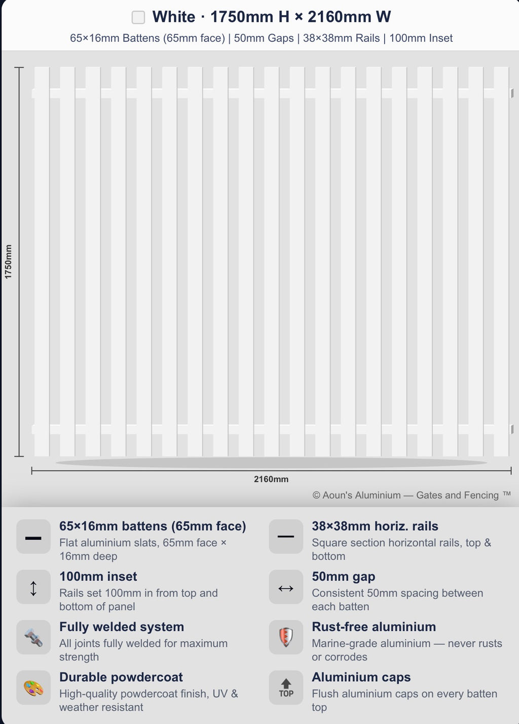 Aluminium Batten Fence Panel 2.2m Wide (65x16, 65mm Face)