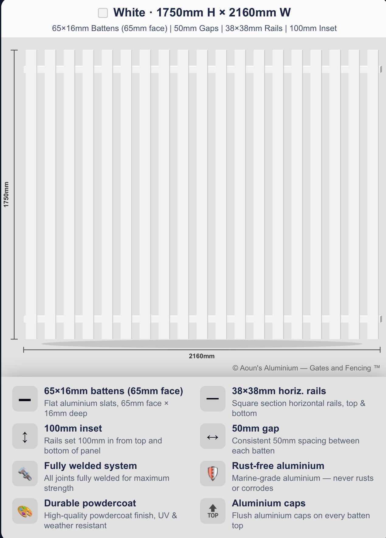 Aluminium Batten Fence Panel 2.2m Wide (65x16, 65mm Face)