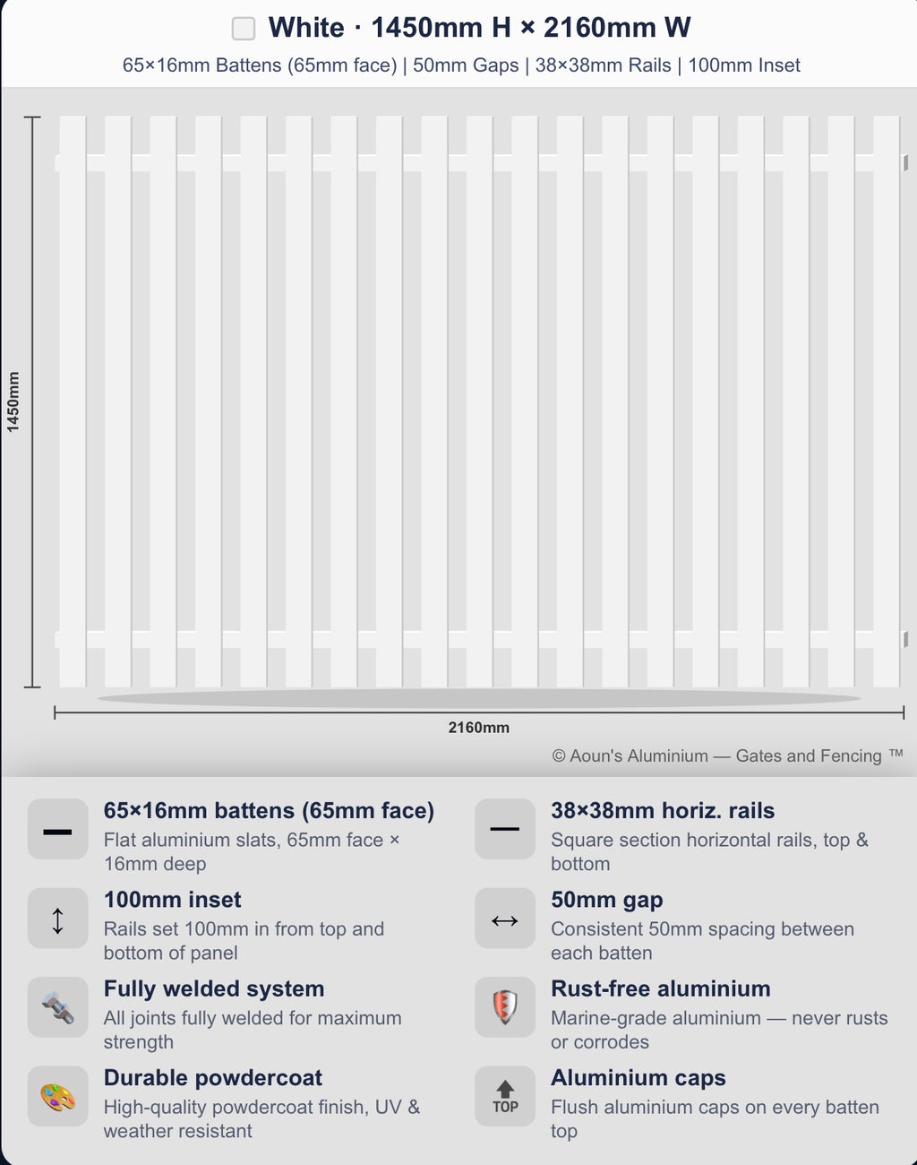 Aluminium Batten Fence Panel 2.2m Wide (65x16, 65mm Face)
