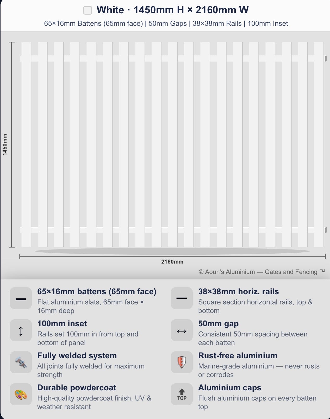 Aluminium Batten Fence Panel 2.2m Wide (65x16, 65mm Face)