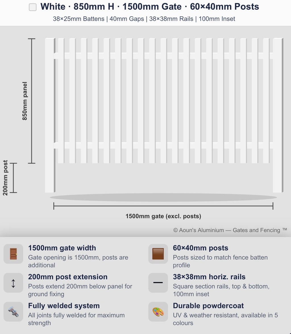 Aluminium Batten Gate 1.5m Wide (38x25, 38mm Face)