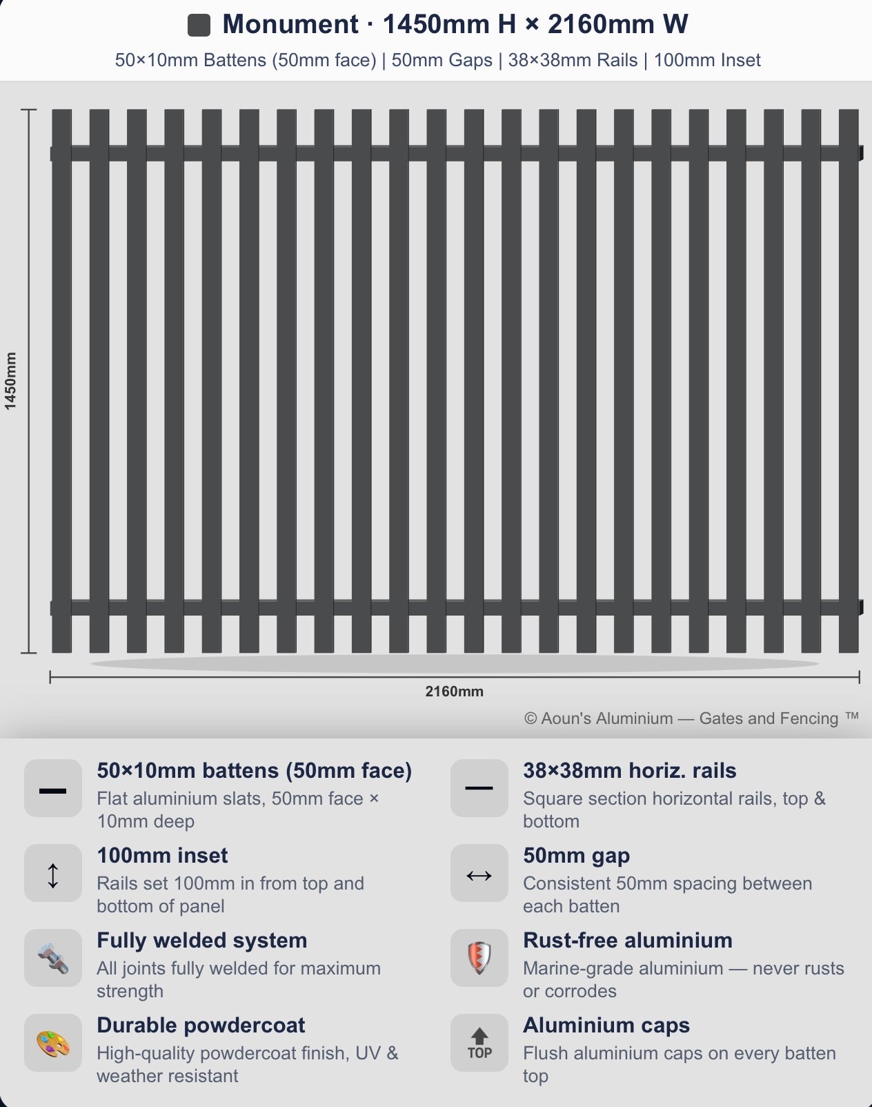 Aluminium Slim Batten Fence Panel 2.2m Wide (50x10, 50mm Face)