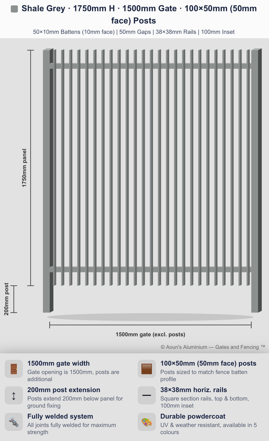 Aluminium Blade Gate 1.5m Wide (50x10, 10mm Face)