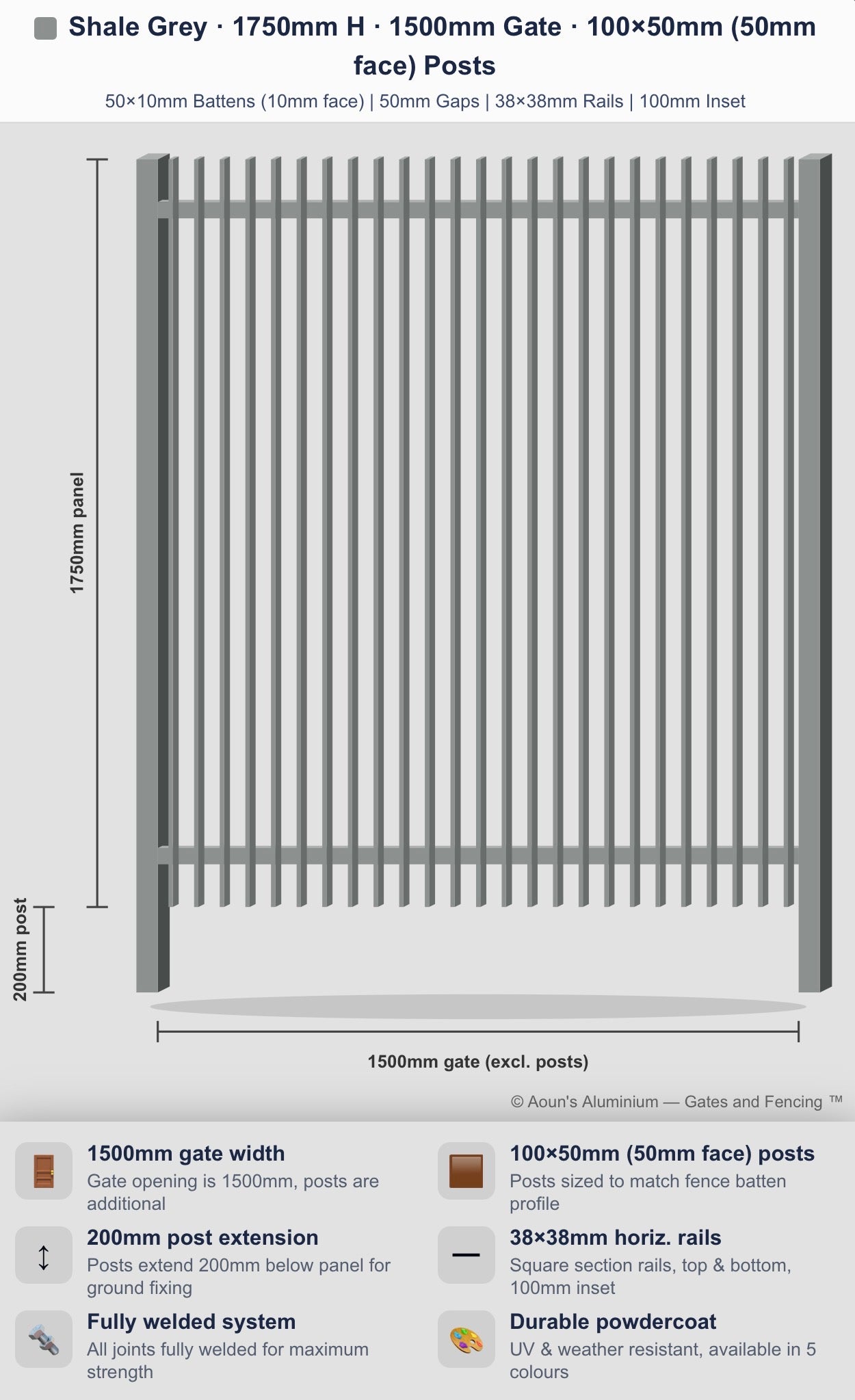 Aluminium Blade Gate 1.5m Wide (50x10, 10mm Face)