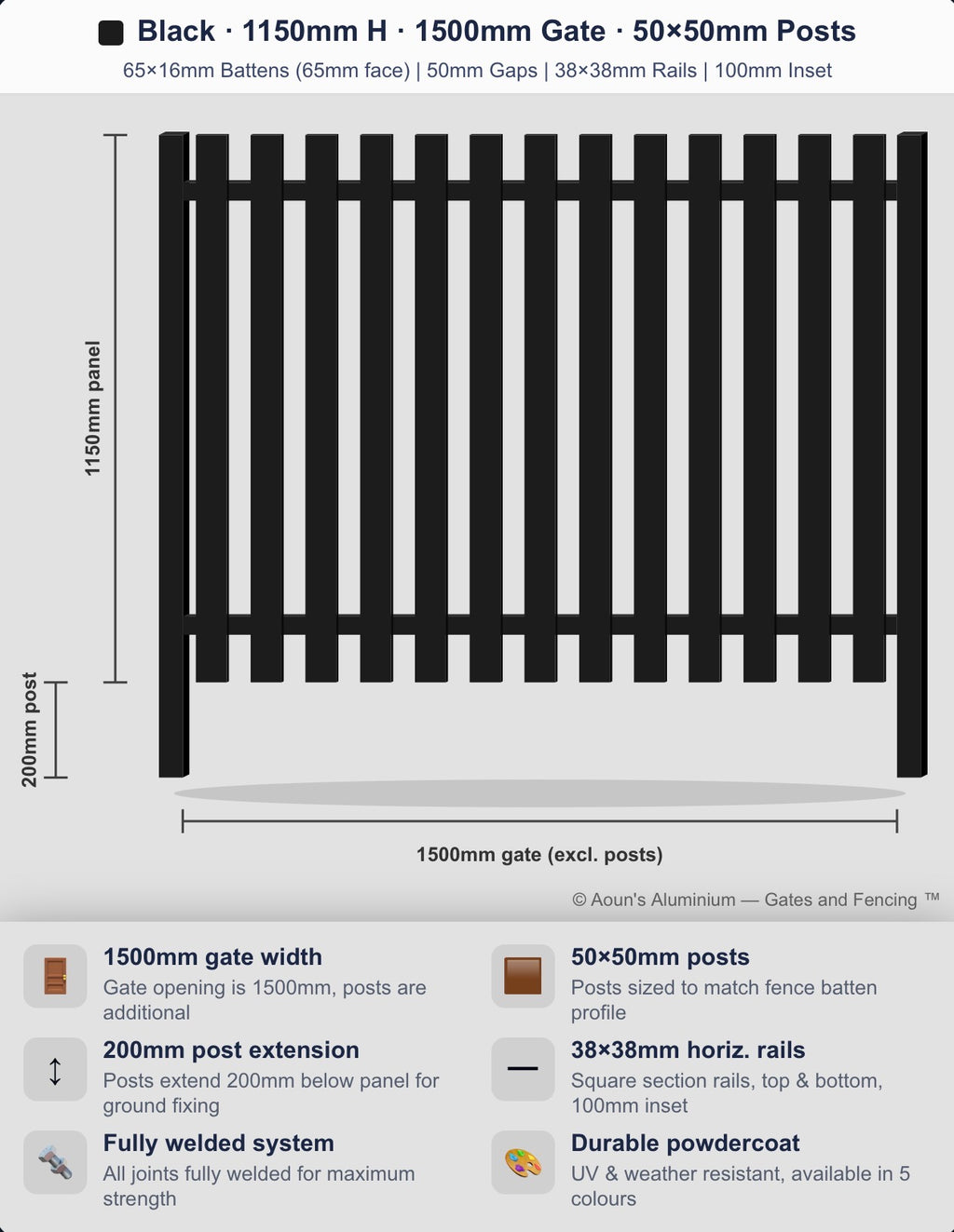 Aluminium Slim Batten Gate 1.5m Wide (65x16, 65mm Face)