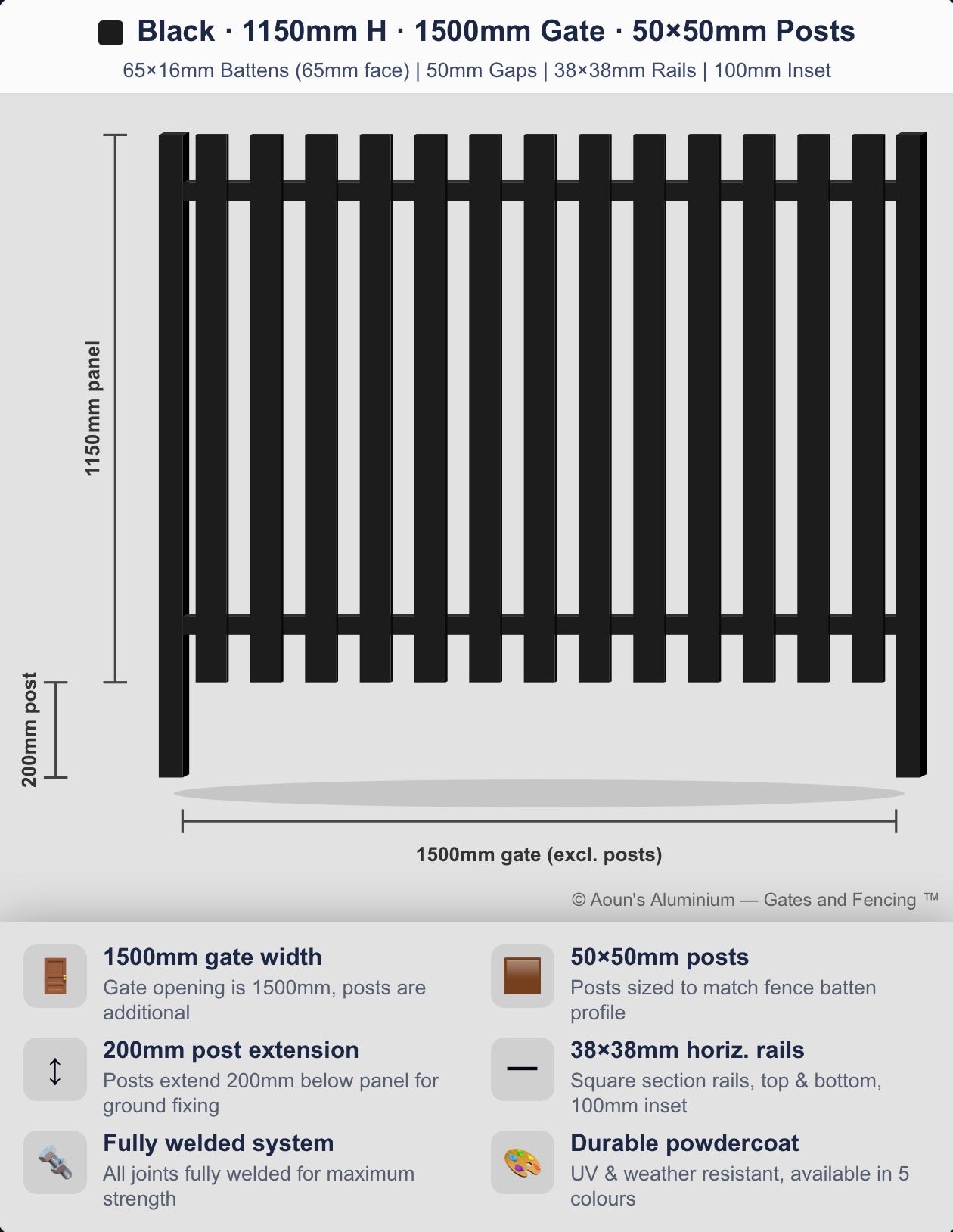 Aluminium Slim Batten Gate 1.5m Wide (65x16, 65mm Face)
