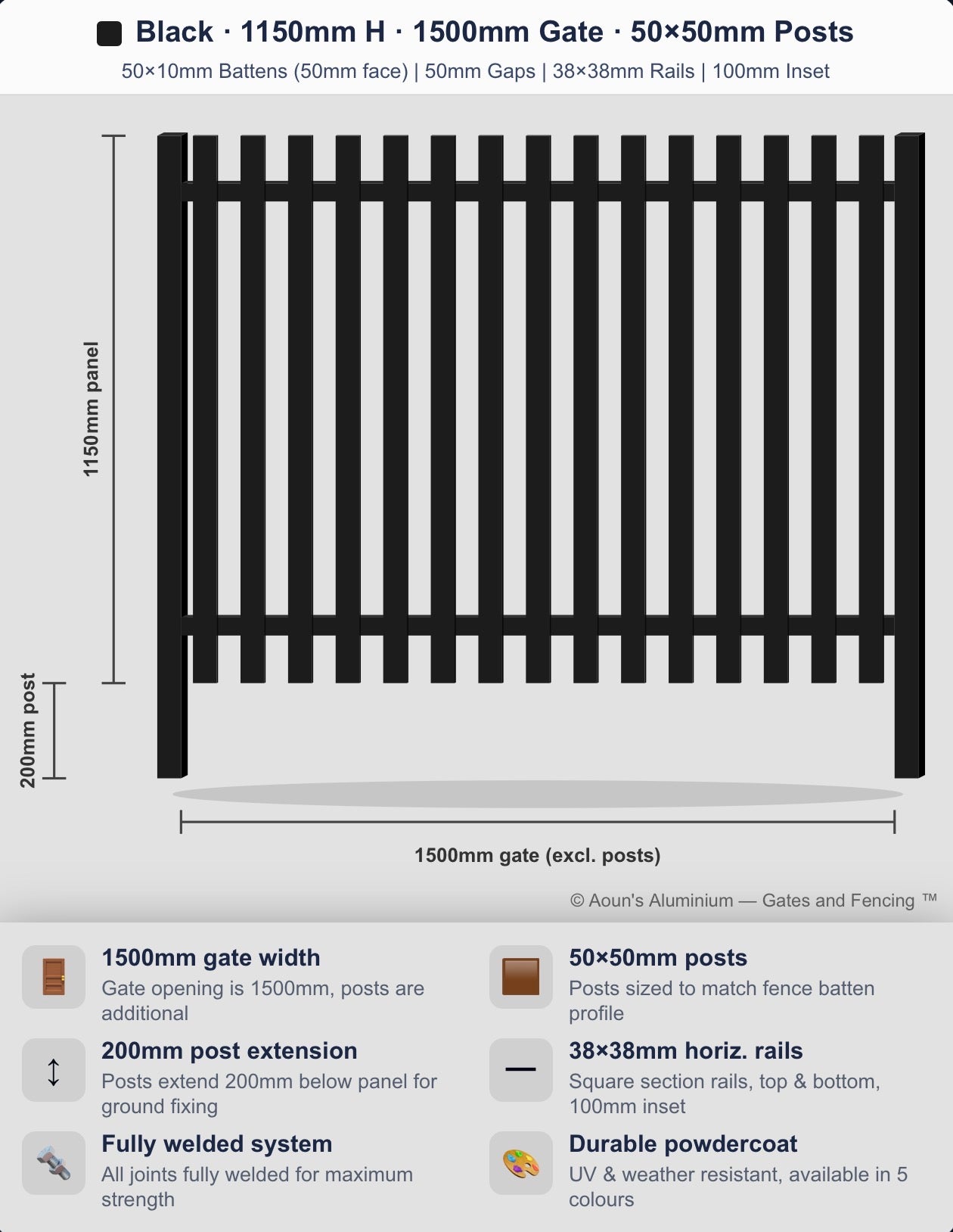 Aluminium Slim Batten Gate 1.5m Wide (50x10, 50mm Face)