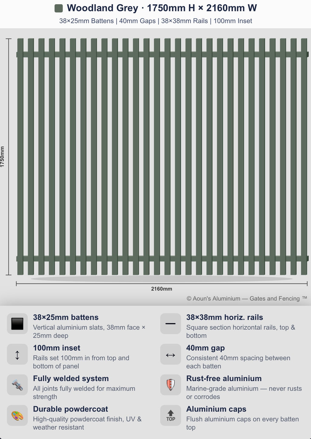 Aluminium Batten Fence Panel 2.2m Wide (38x25, 38mm Face)