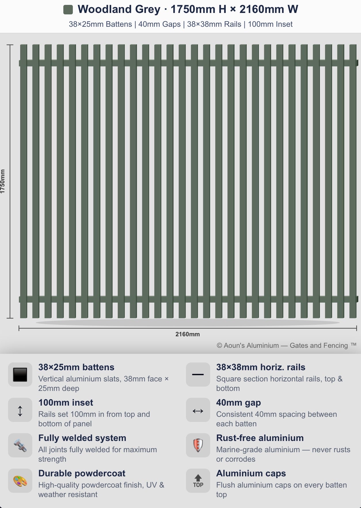 Aluminium Batten Fence Panel 2.2m Wide (38x25, 38mm Face)