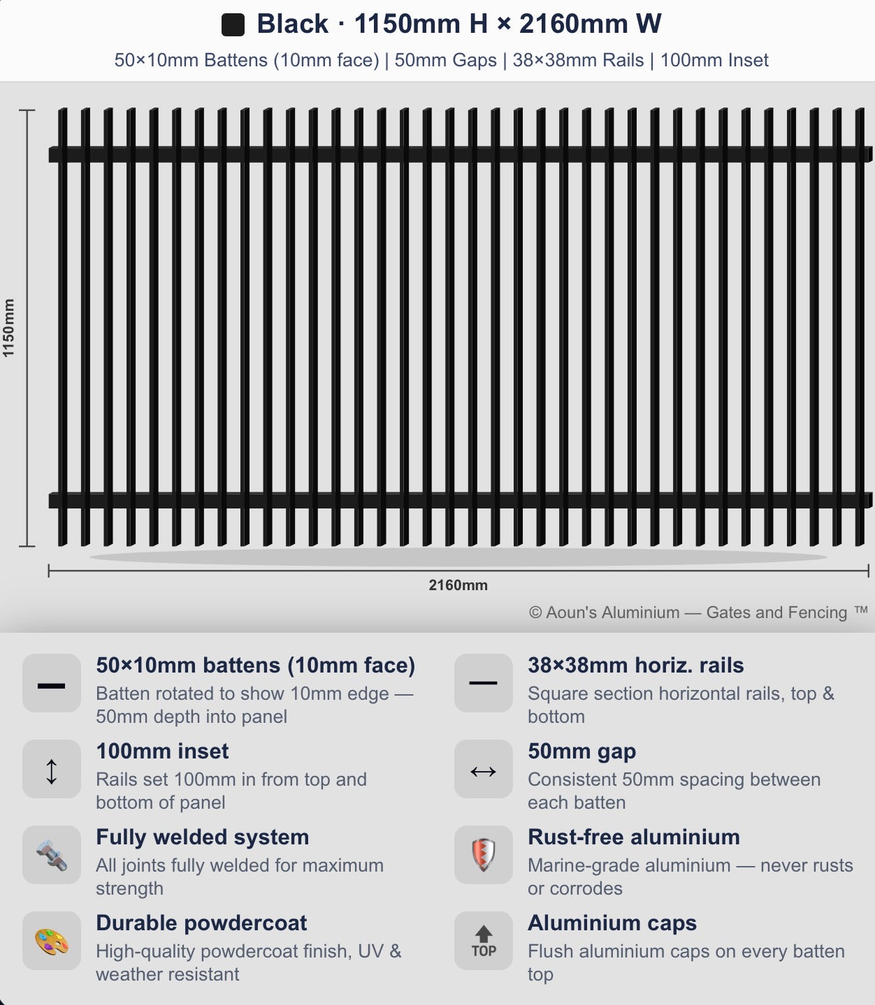 Aluminium Blade Fence Panel 2.2m Wide (50x10, 10mm Face)