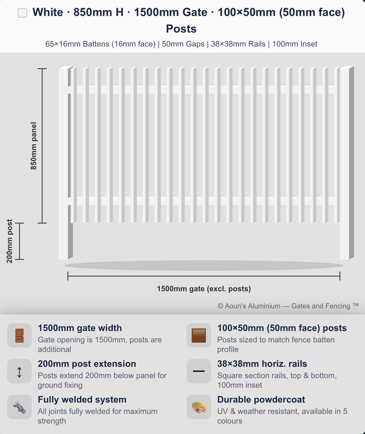Aluminium Blade Gate 1.5m Wide (65x16, 16mm Face)