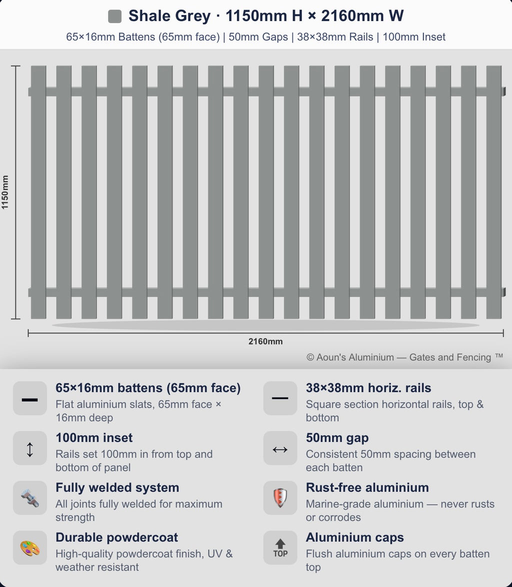 Aluminium Batten Fence Panel 2.2m Wide (65x16, 65mm Face)