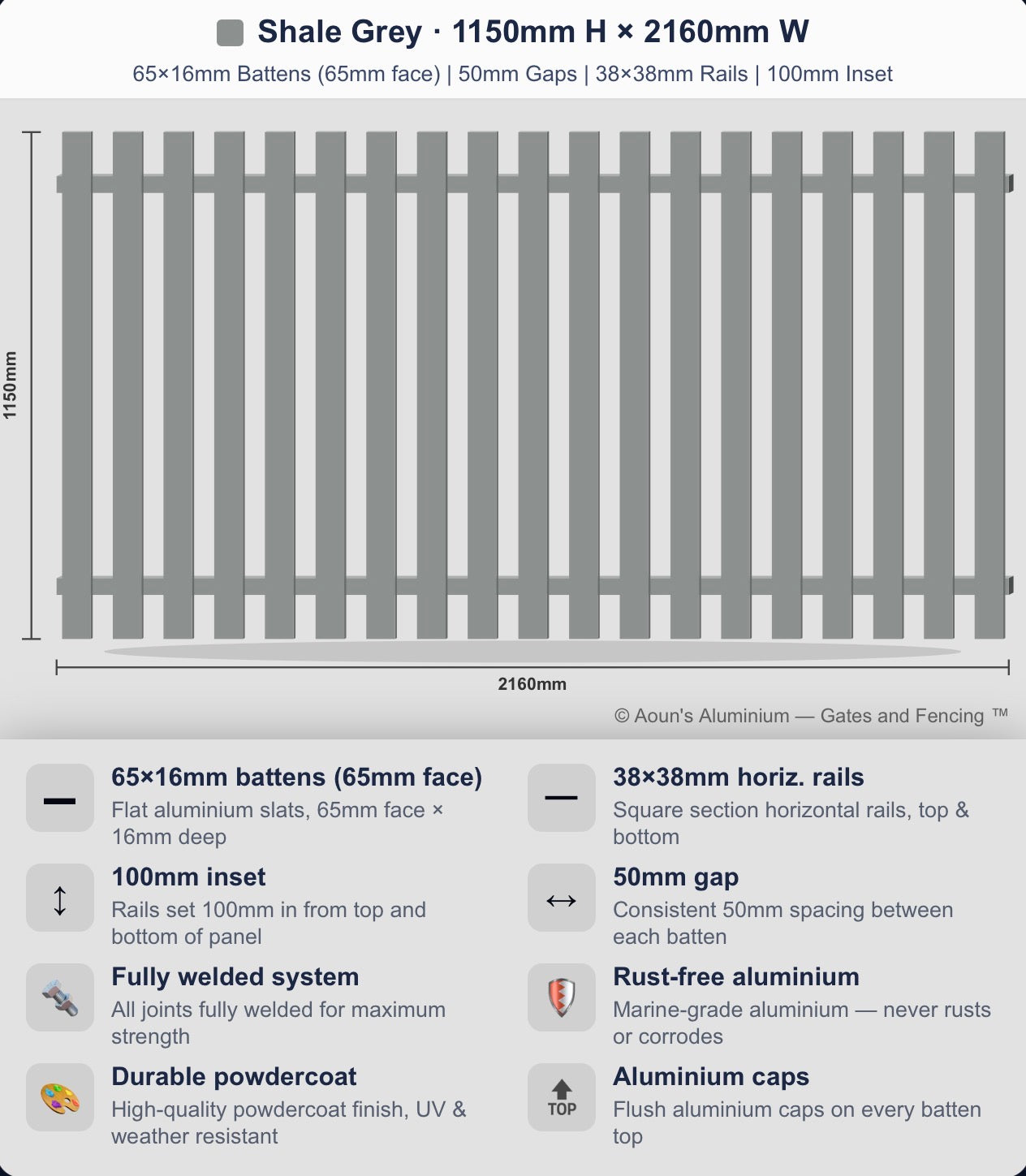 Aluminium Batten Fence Panel 2.2m Wide (65x16, 65mm Face)