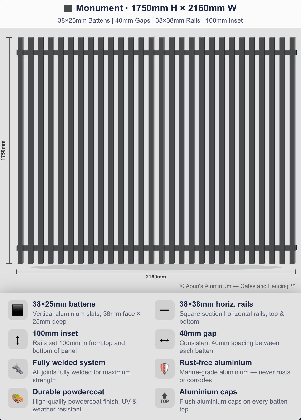 Aluminium Batten Fence Panel 2.2m Wide (38x25, 38mm Face)