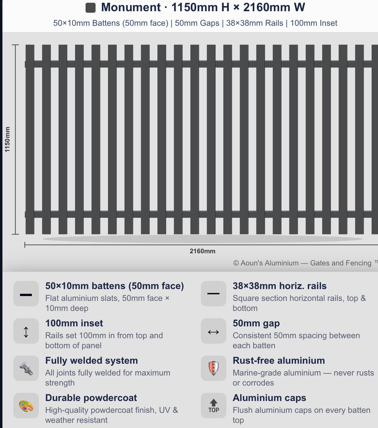 Aluminium Slim Batten Fence Panel 2.2m Wide (50x10, 50mm Face)