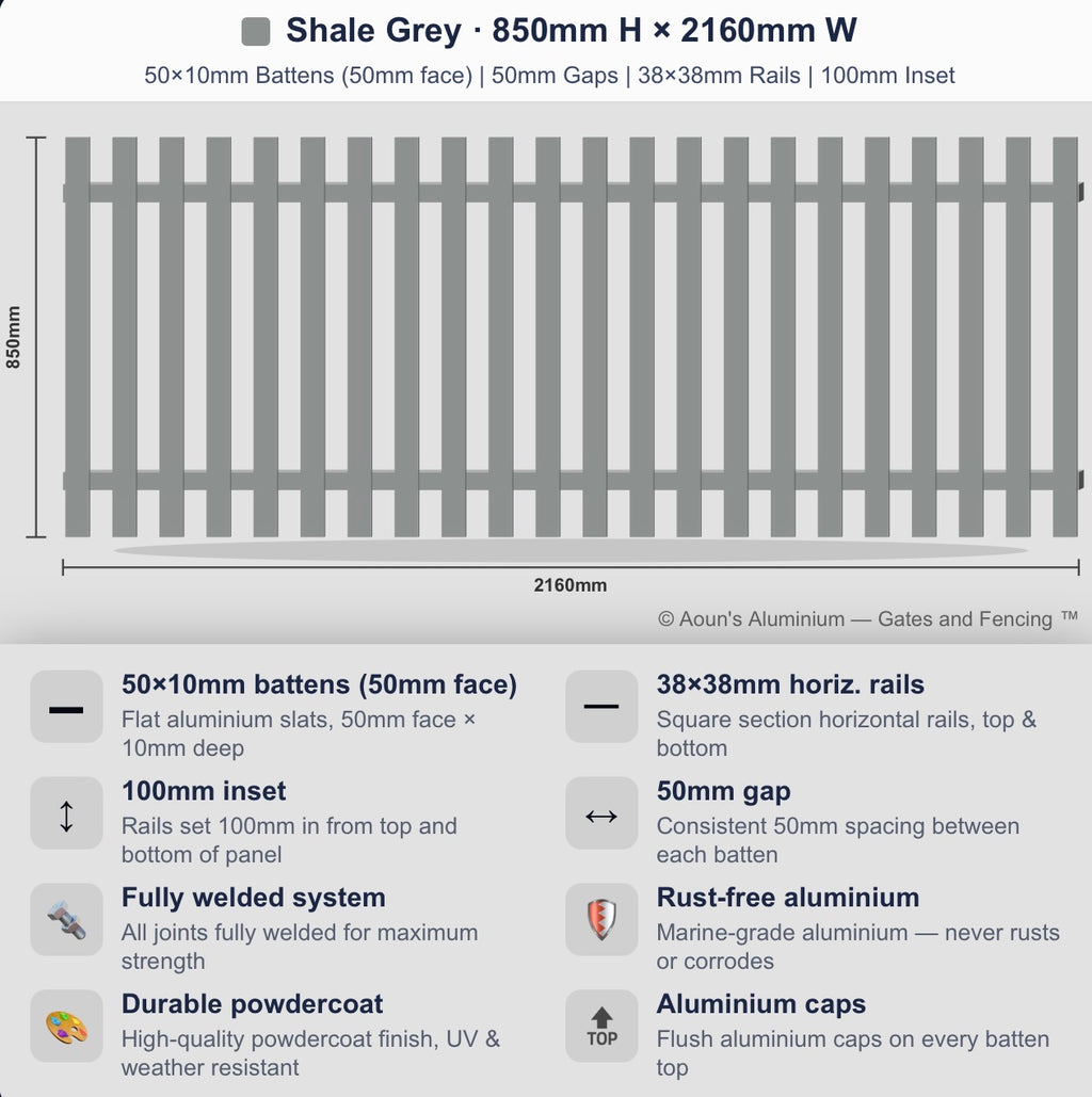 Aluminium Slim Batten Fence Panel 2.2m Wide (50x10, 50mm Face)