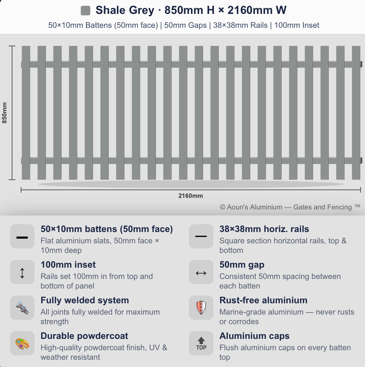 Aluminium Slim Batten Fence Panel 2.2m Wide (50x10, 50mm Face)