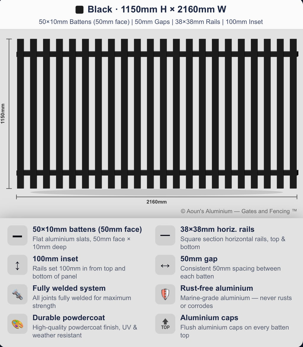 Aluminium Slim Batten Fence Panel 2.2m Wide (50x10, 50mm Face)