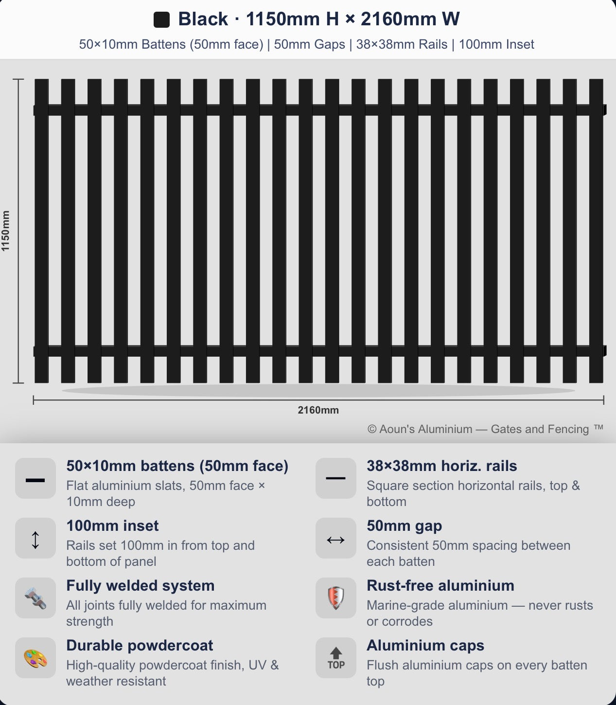 Aluminium Slim Batten Fence Panel 2.2m Wide (50x10, 50mm Face)