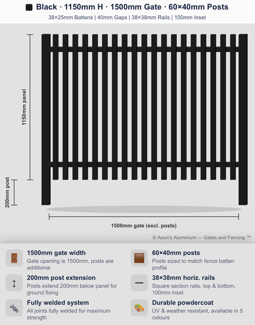 Aluminium Batten Gate 1.5m Wide (38x25, 38mm Face)
