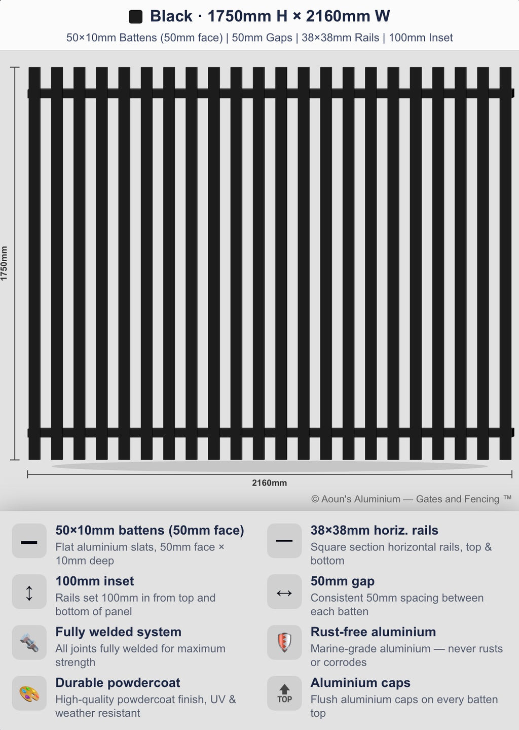 Aluminium Slim Batten Fence Panel 2.2m Wide (50x10, 50mm Face)
