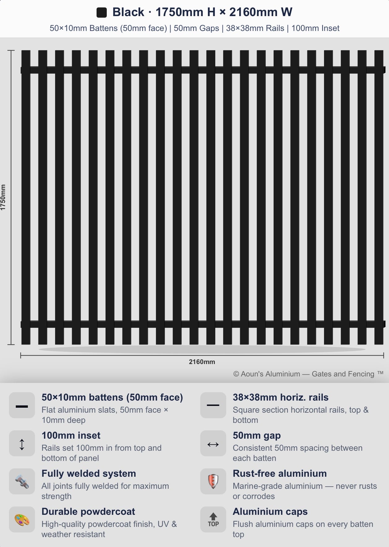 Aluminium Slim Batten Fence Panel 2.2m Wide (50x10, 50mm Face)