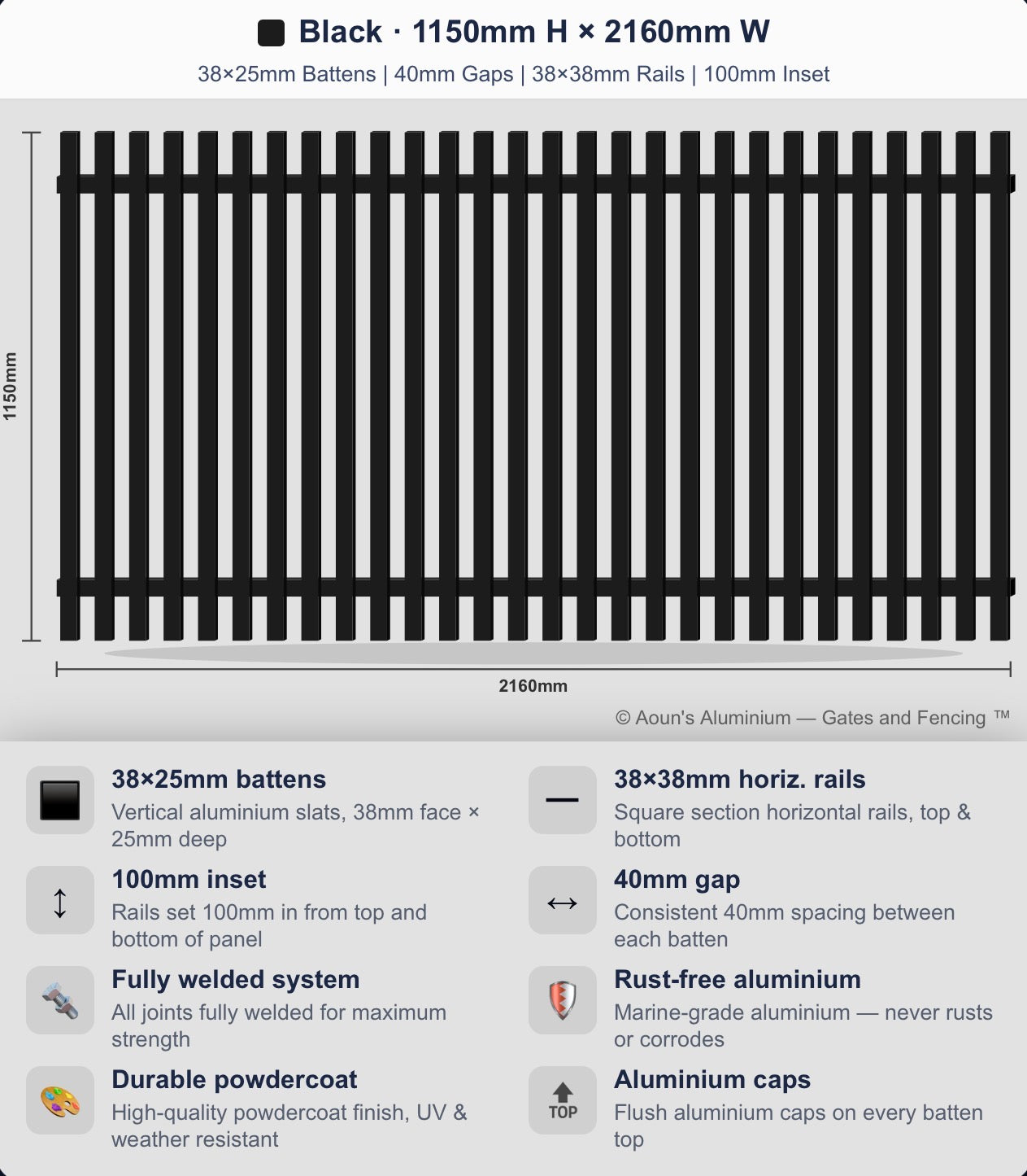 Aluminium Batten Fence Panel 2.2m Wide (38x25, 38mm Face)
