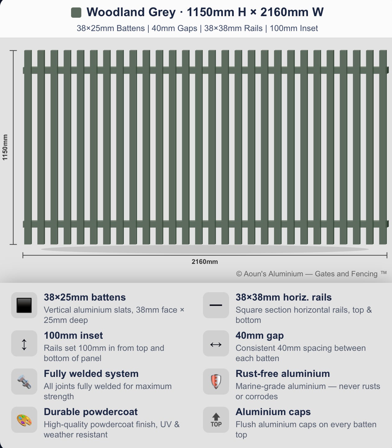 Aluminium Batten Fence Panel 2.2m Wide (38x25, 38mm Face)