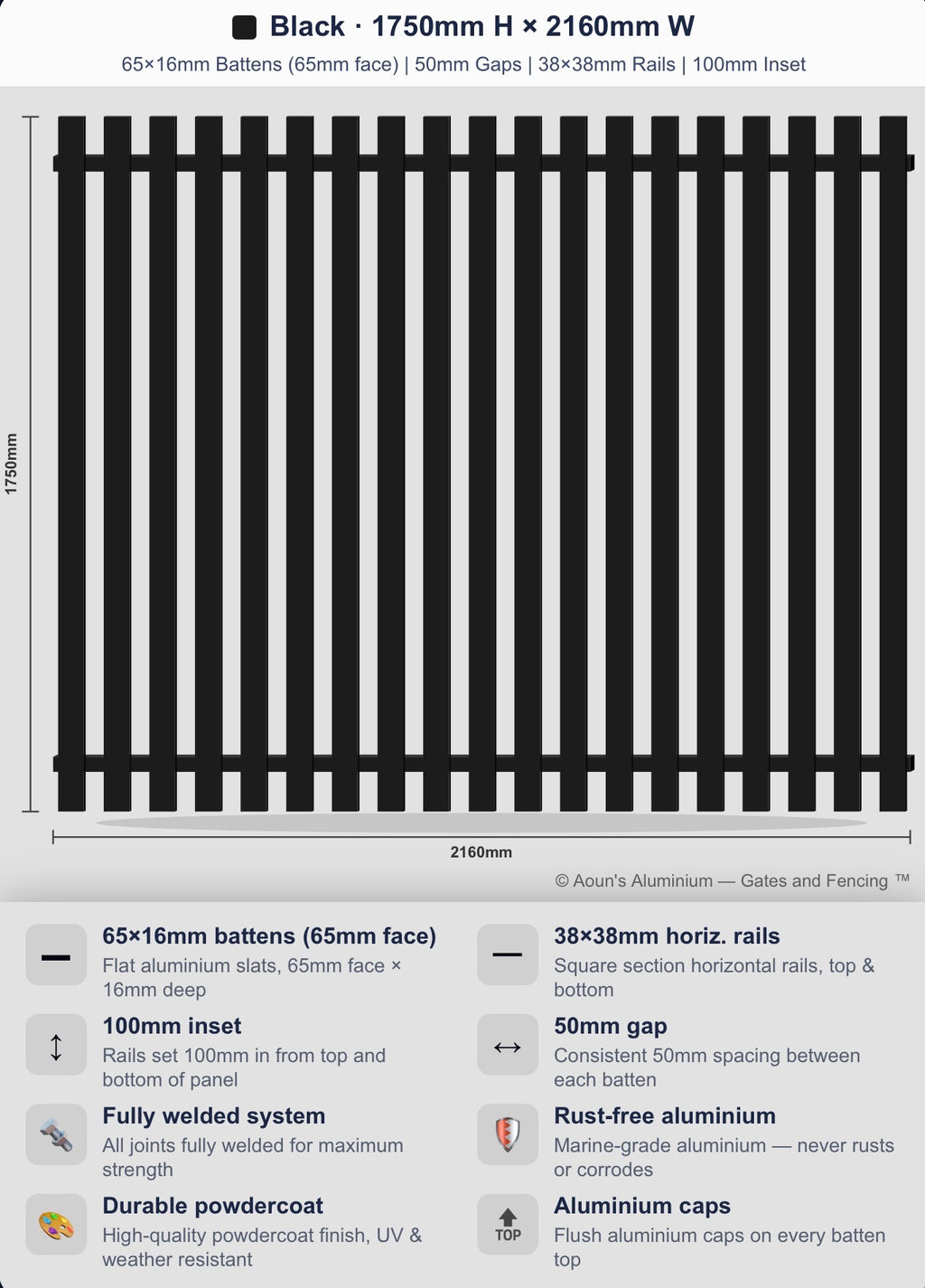 Aluminium Batten Fence Panel 2.2m Wide (65x16, 65mm Face)
