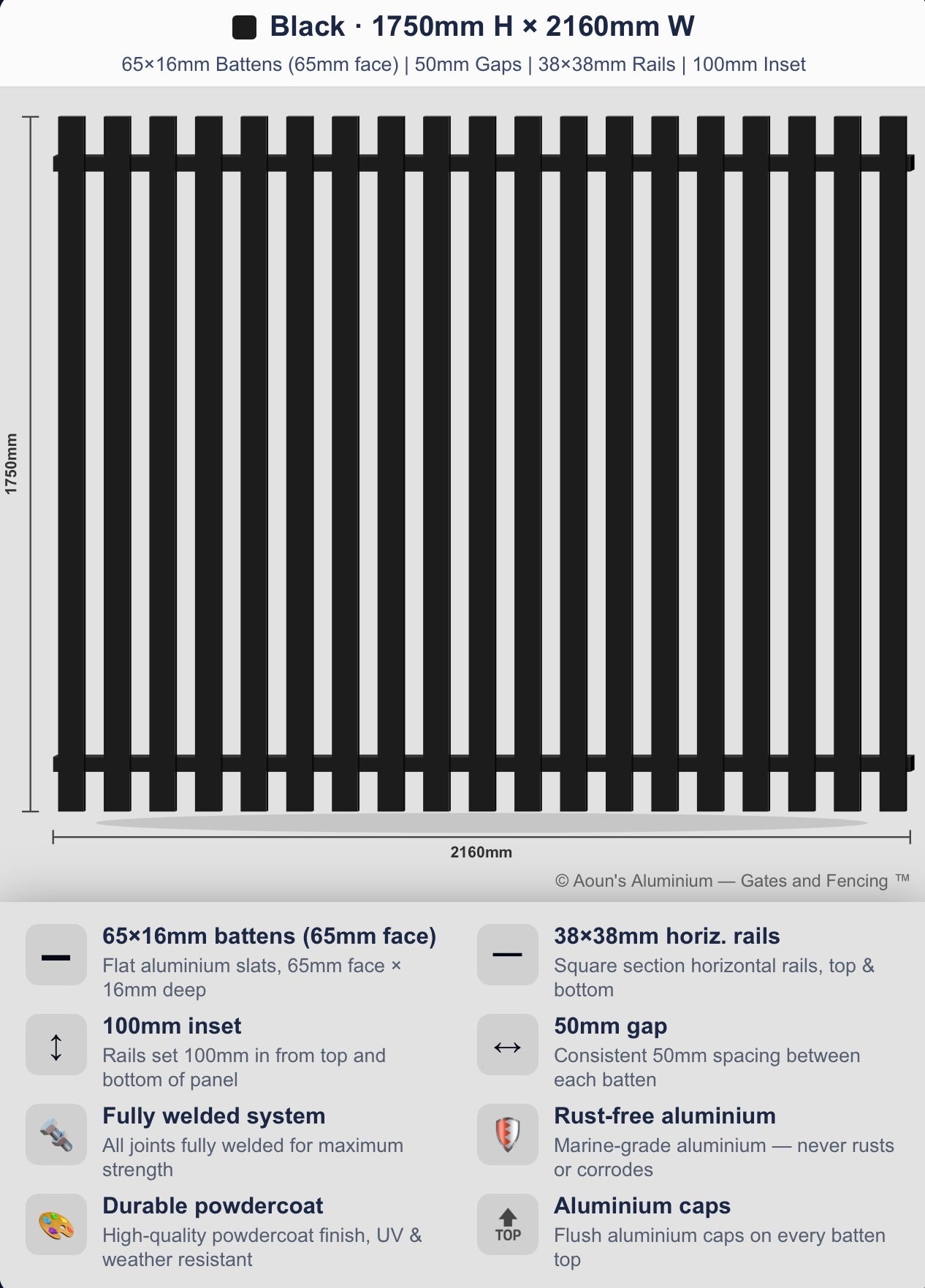Aluminium Batten Fence Panel 2.2m Wide (65x16, 65mm Face)