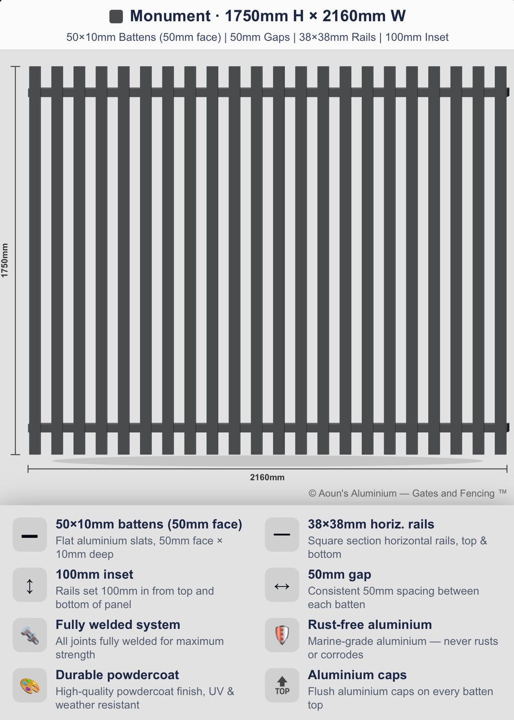 Aluminium Slim Batten Fence Panel 2.2m Wide (50x10, 50mm Face)