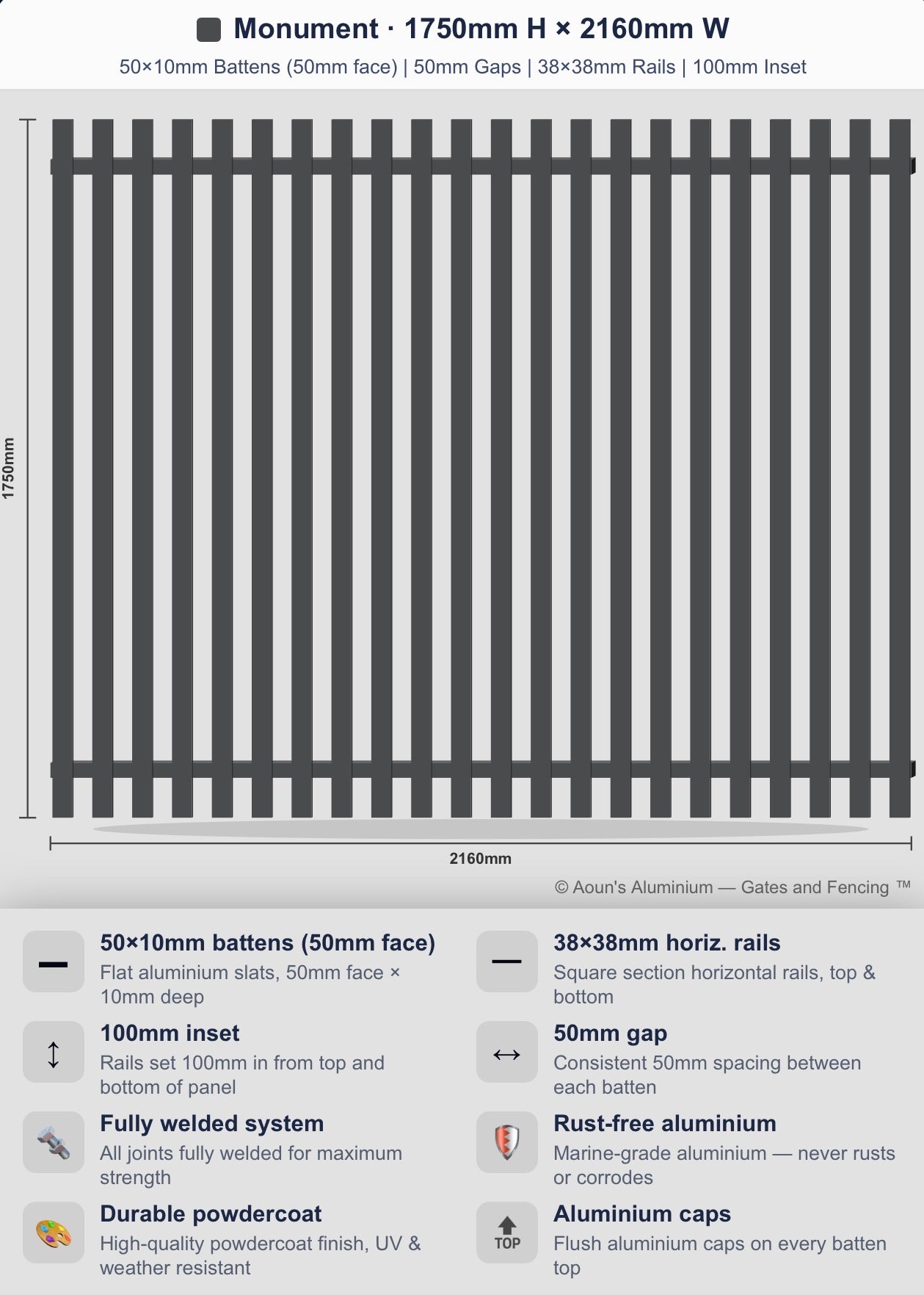 Aluminium Slim Batten Fence Panel 2.2m Wide (50x10, 50mm Face)