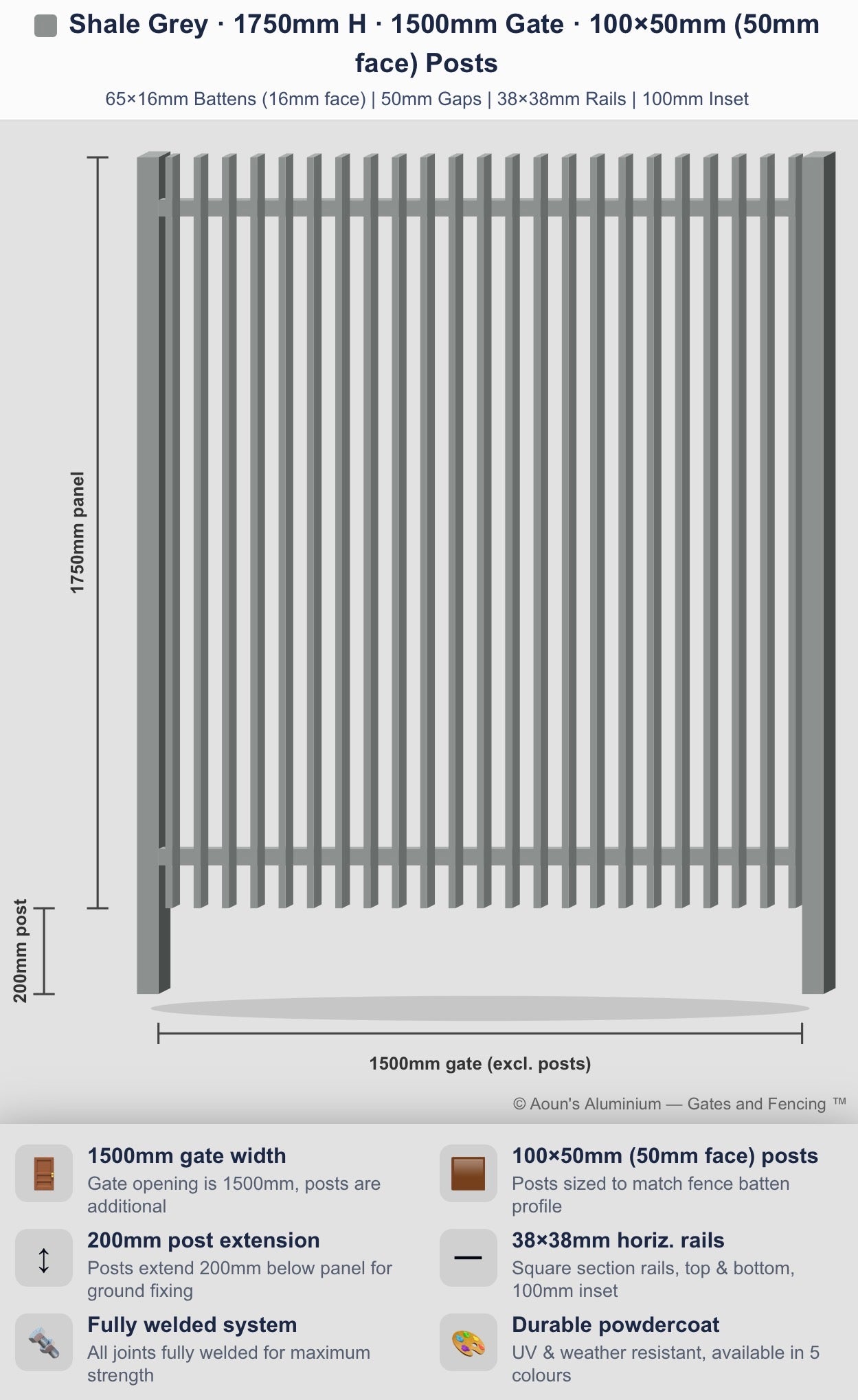 Aluminium Blade Gate 1.5m Wide (65x16, 16mm Face)
