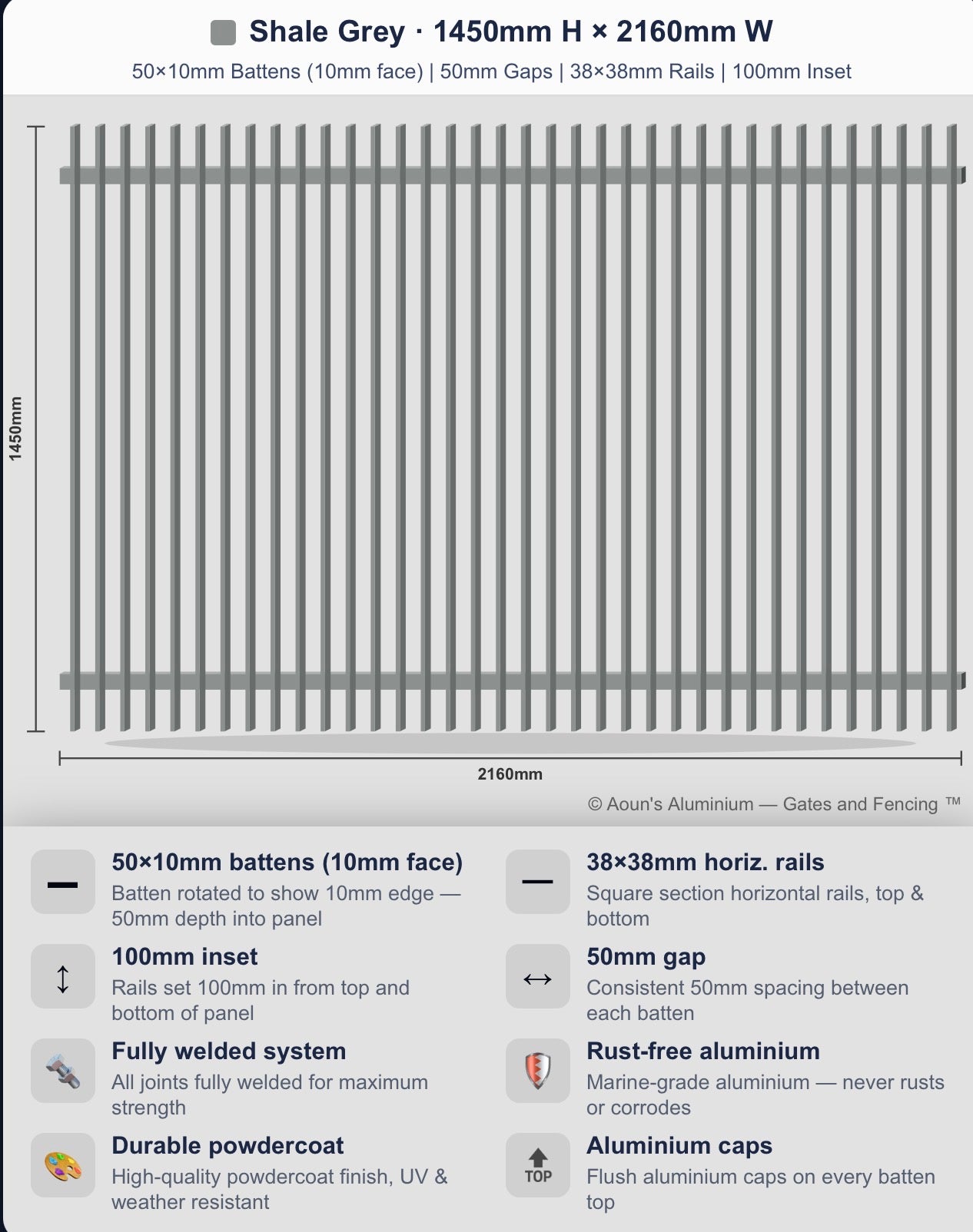 Aluminium Blade Fence Panel 2.2m Wide (50x10, 10mm Face)