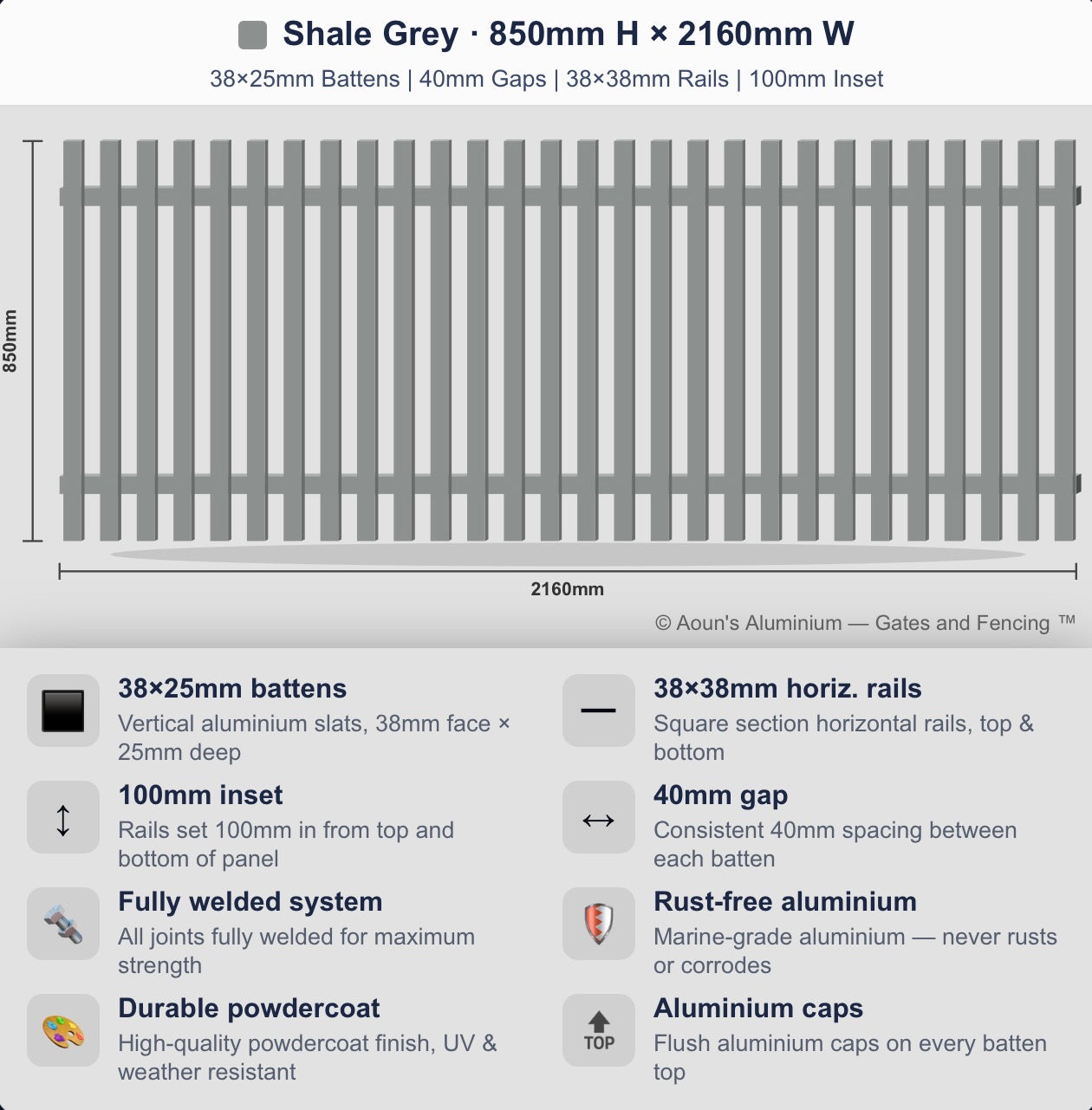 Aluminium Batten Fence Panel 2.2m Wide (38x25, 38mm Face)