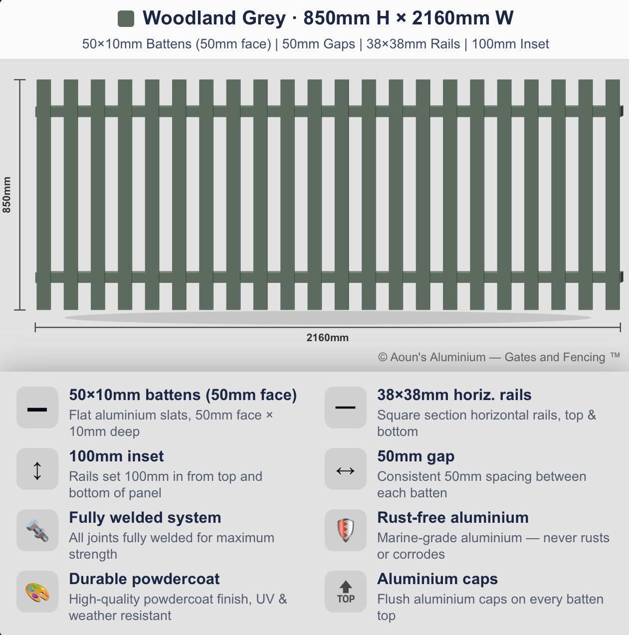 Aluminium Slim Batten Fence Panel 2.2m Wide (50x10, 50mm Face)