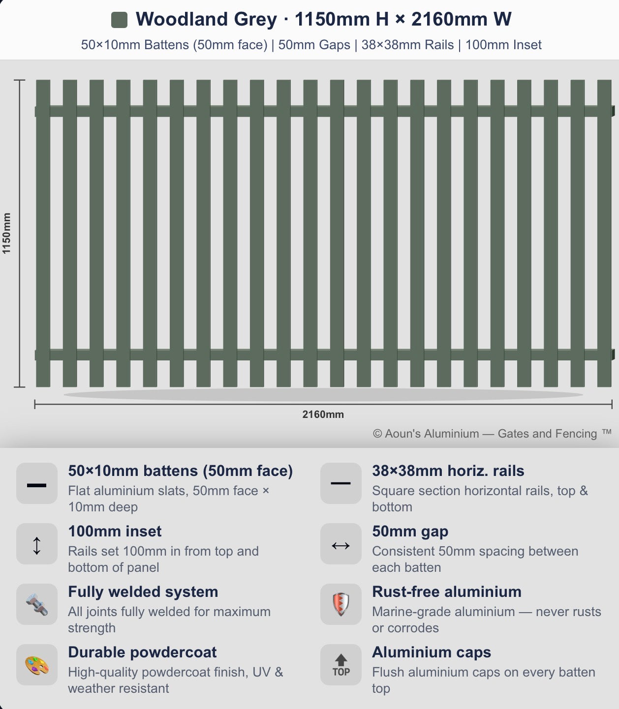 Aluminium Slim Batten Fence Panel 2.2m Wide (50x10, 50mm Face)