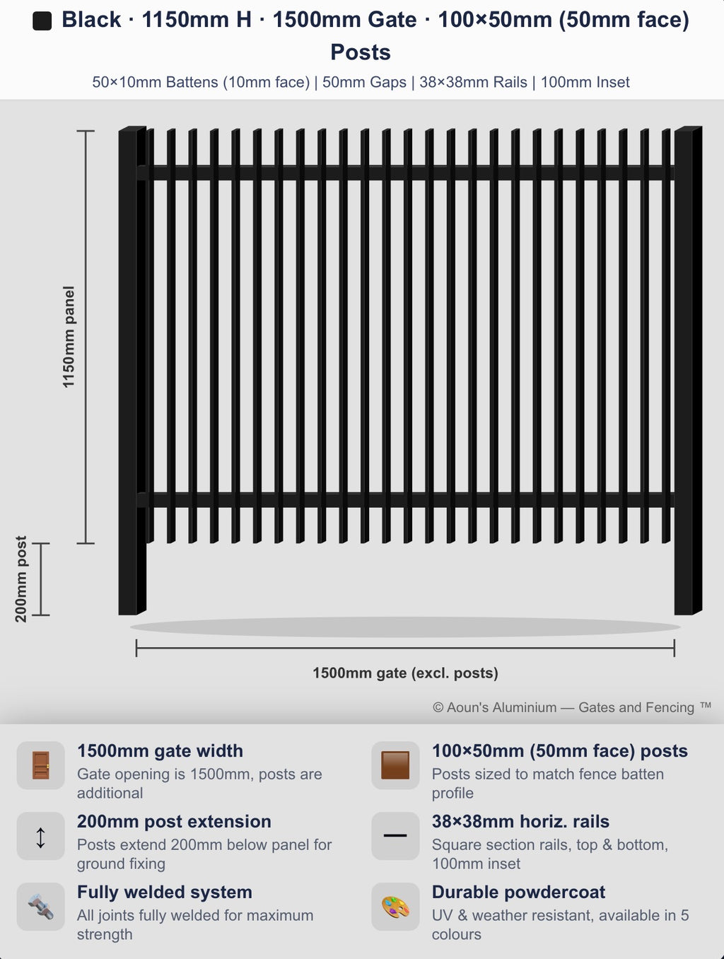 Aluminium Blade Gate 1.5m Wide (50x10, 10mm Face)
