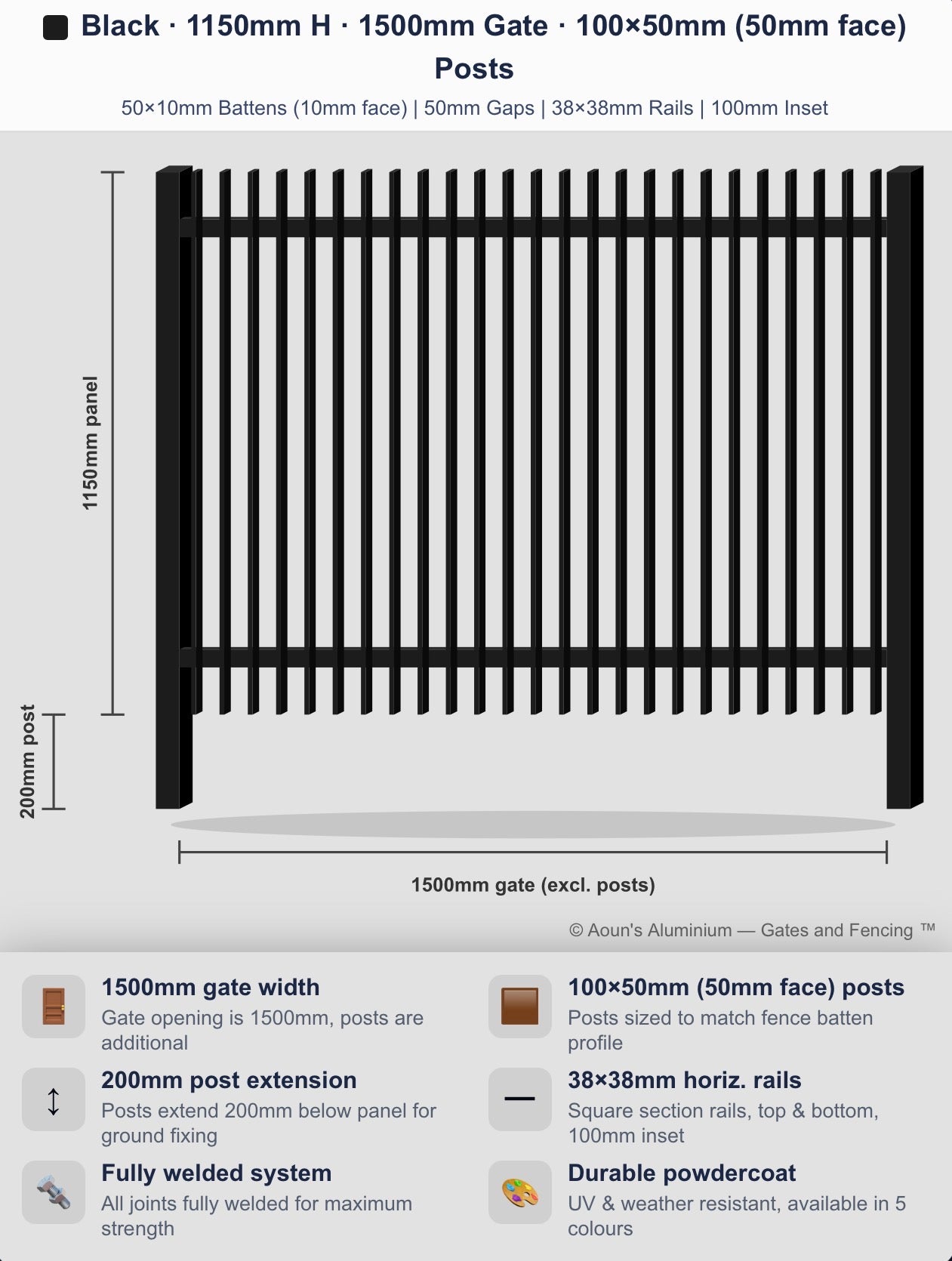 Aluminium Blade Gate 1.5m Wide (50x10, 10mm Face)