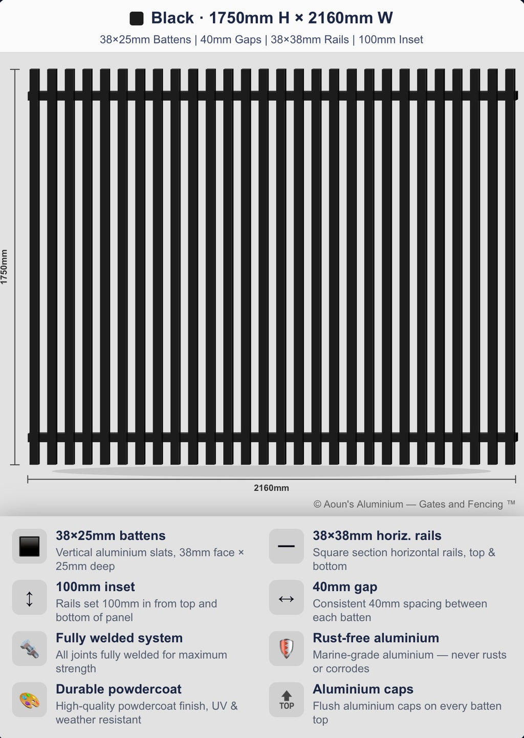 Aluminium Batten Fence Panel 2.2m Wide (38x25, 38mm Face)