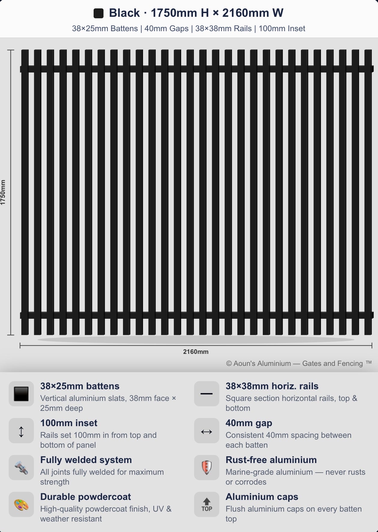 Aluminium Batten Fence Panel 2.2m Wide (38x25, 38mm Face)