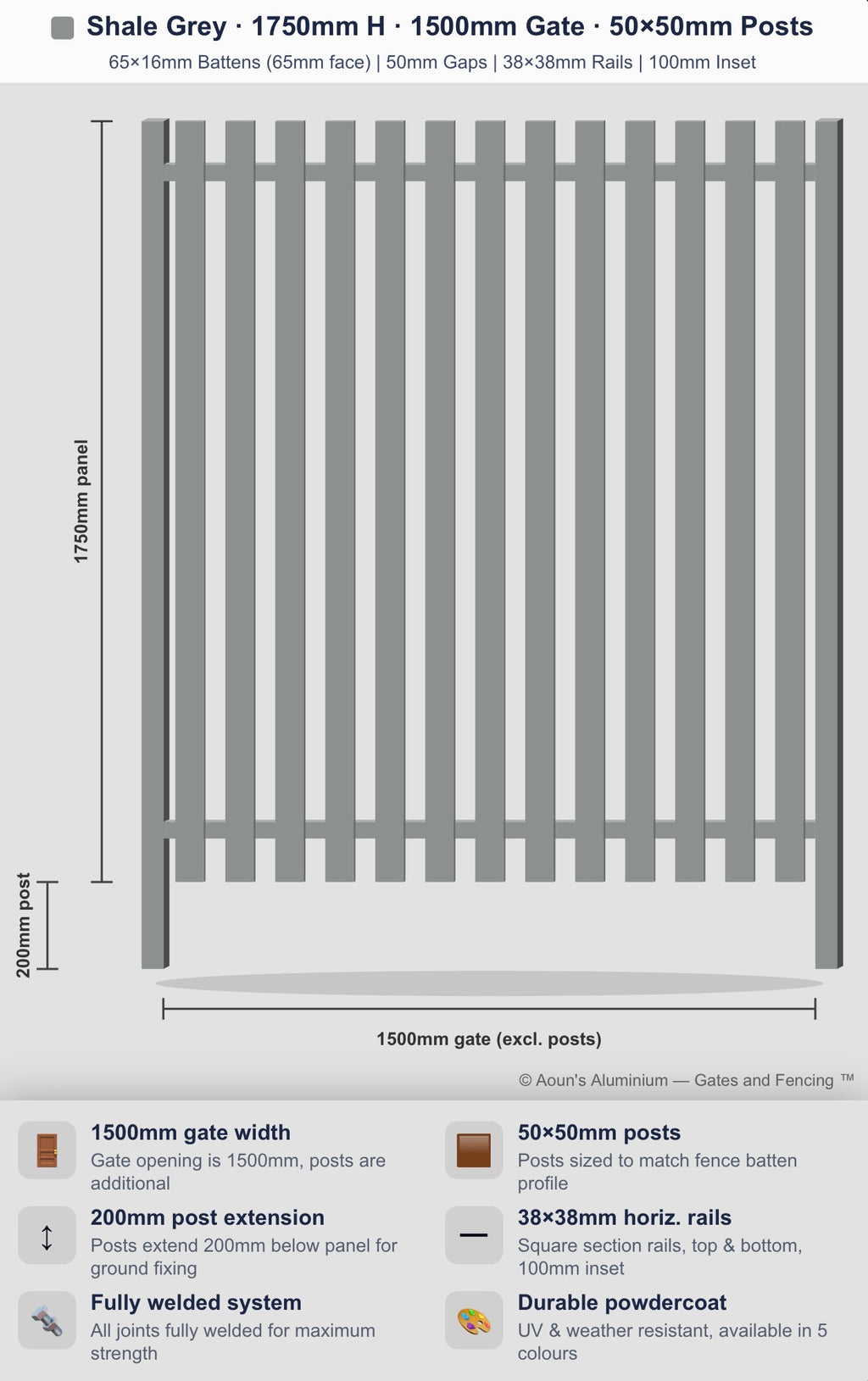 Aluminium Slim Batten Gate 1.5m Wide (65x16, 65mm Face)