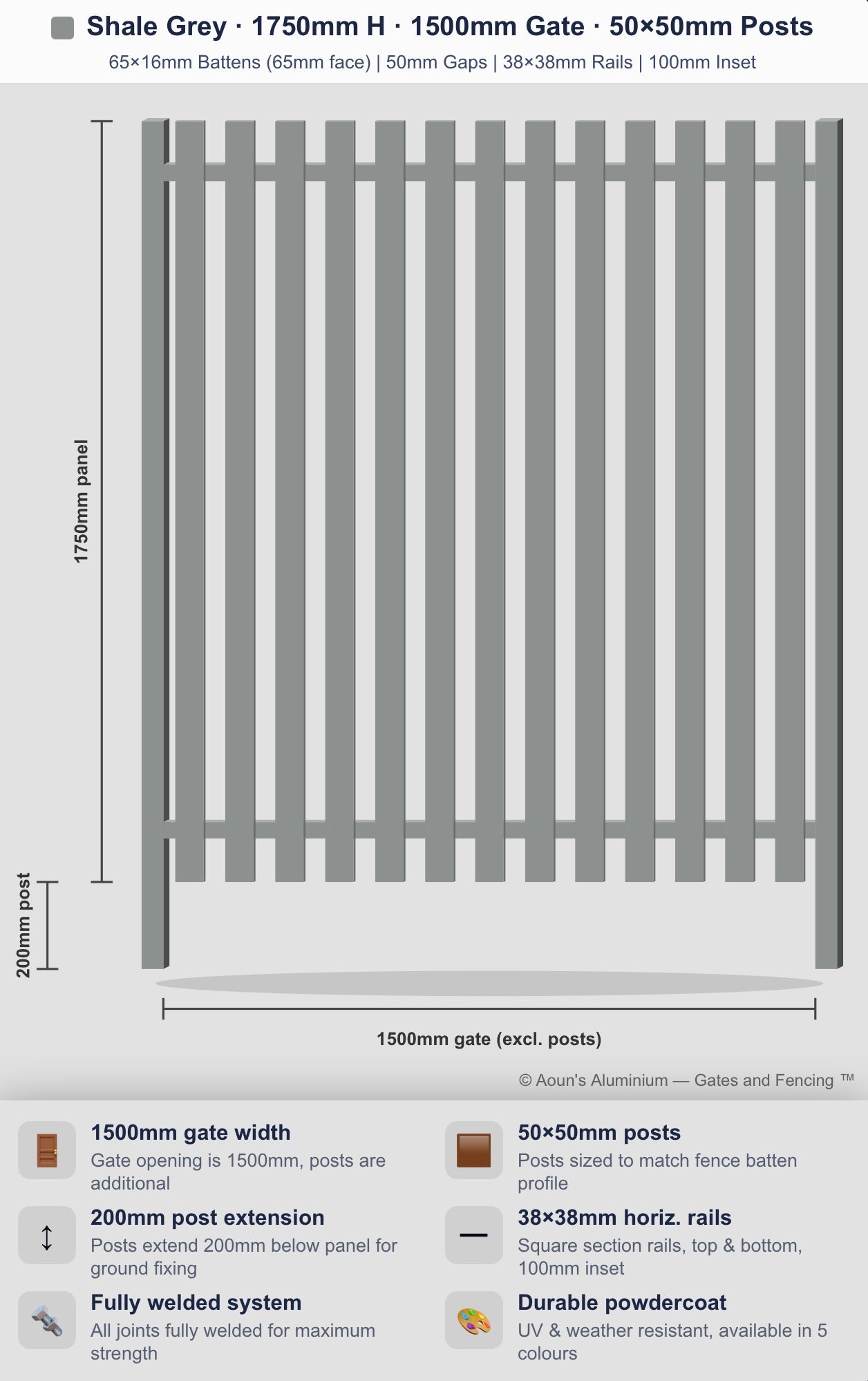 Aluminium Slim Batten Gate 1.5m Wide (65x16, 65mm Face)