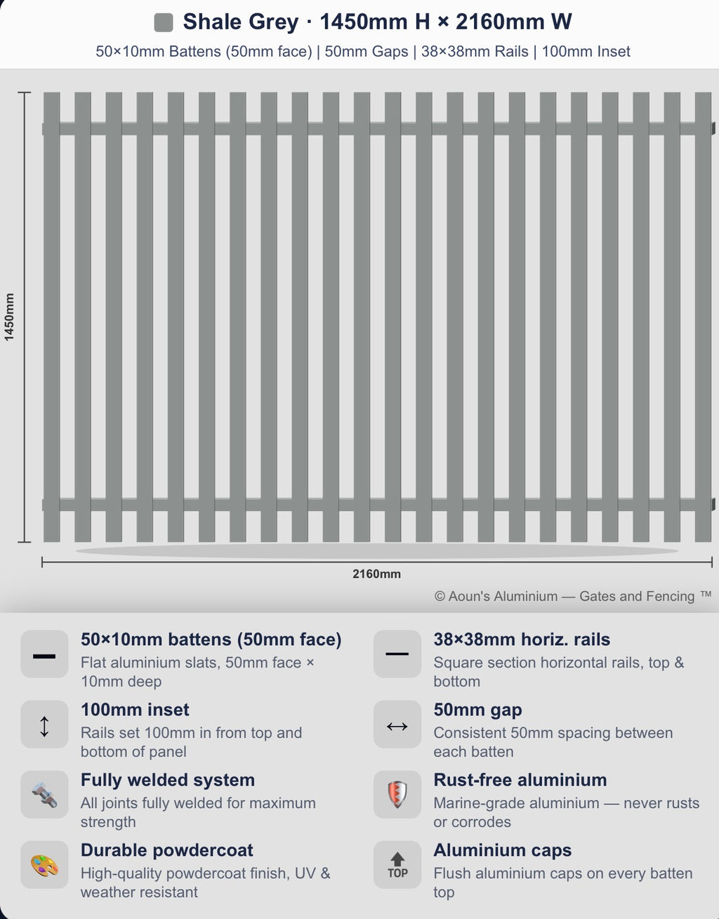 Aluminium Slim Batten Fence Panel 2.2m Wide (50x10, 50mm Face)