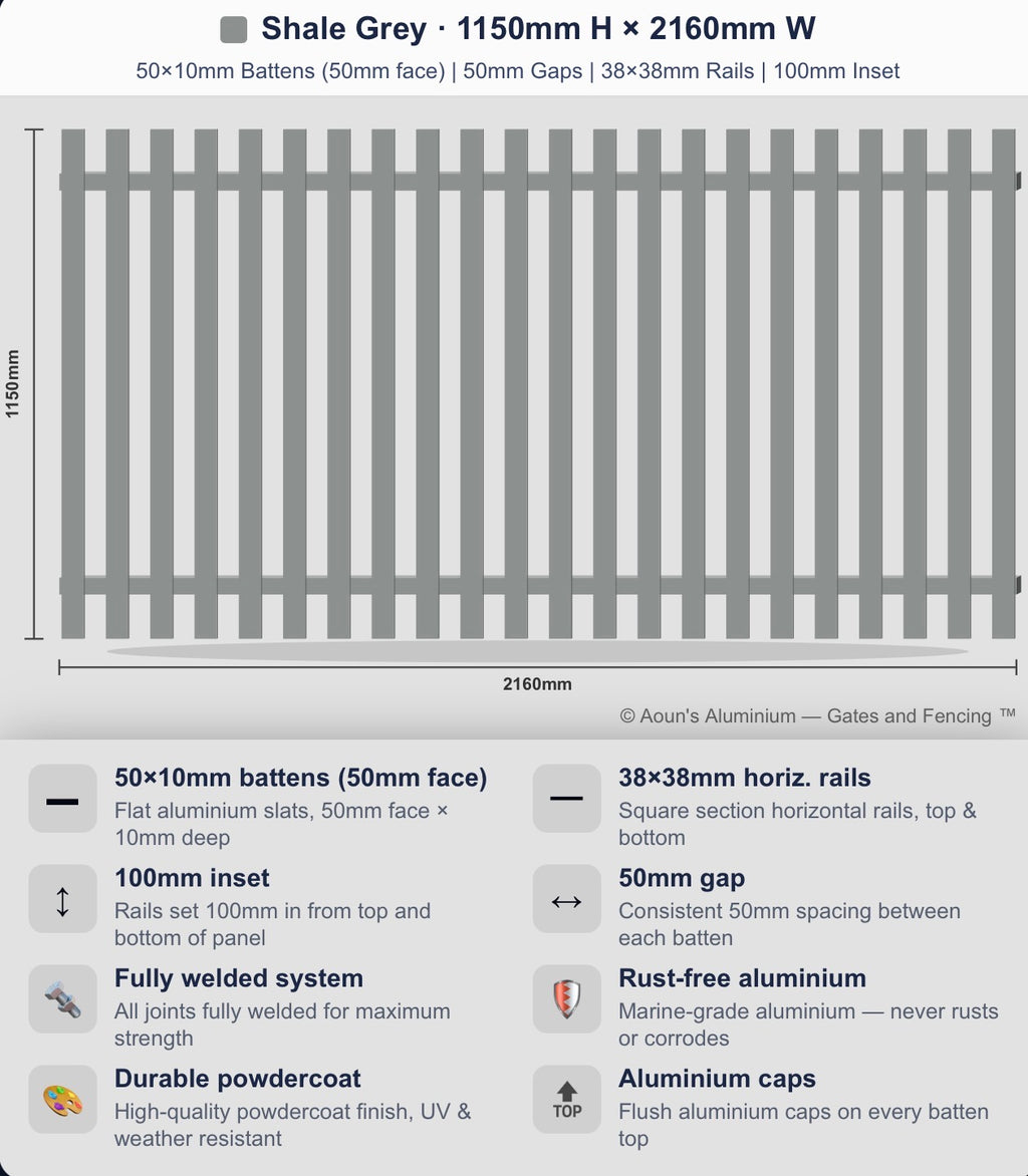 Aluminium Slim Batten Fence Panel 2.2m Wide (50x10, 50mm Face)