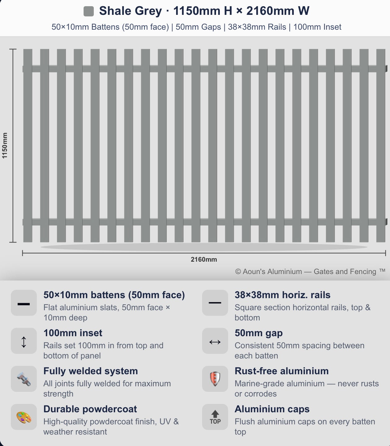 Aluminium Slim Batten Fence Panel 2.2m Wide (50x10, 50mm Face)