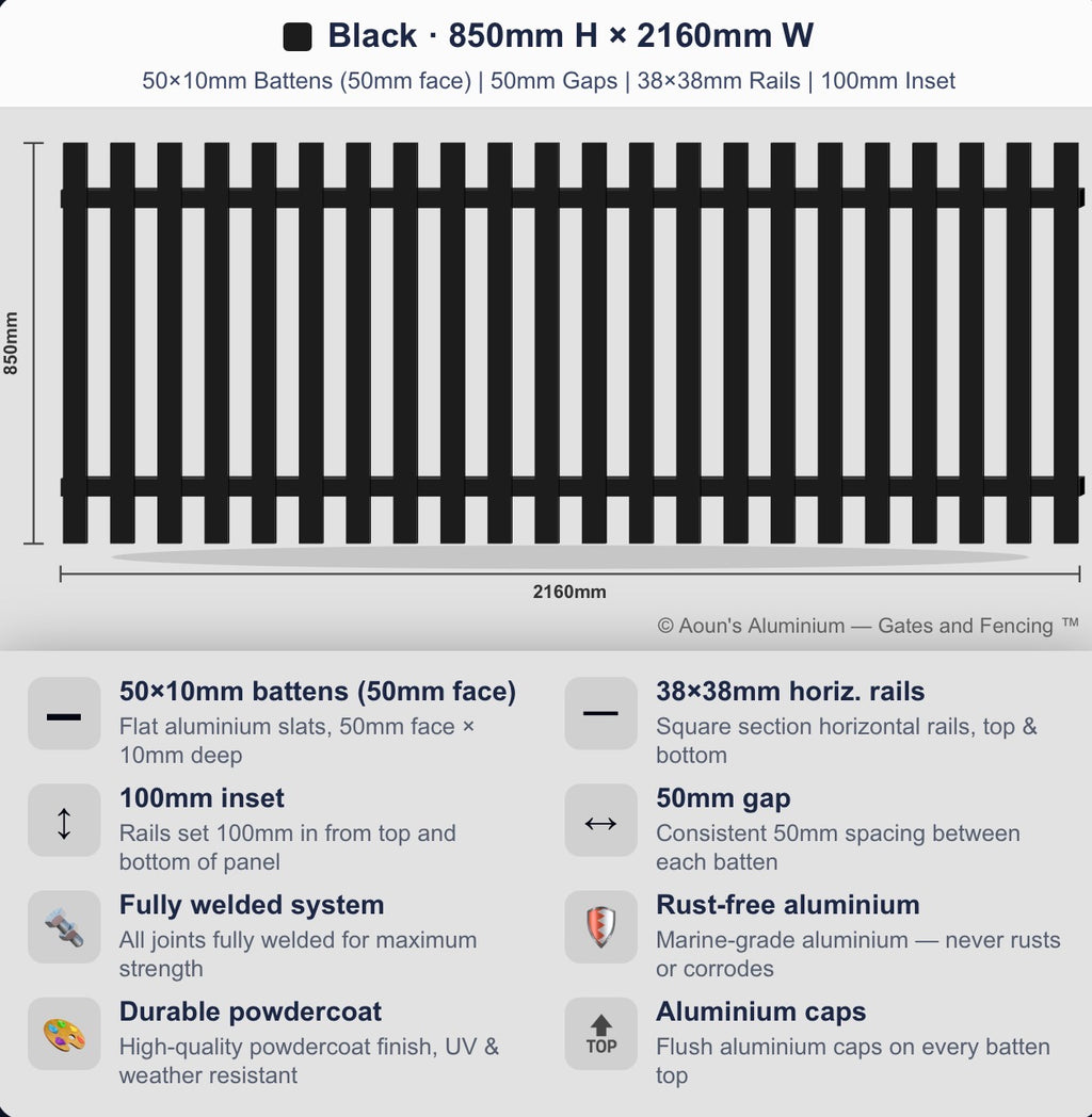 Aluminium Slim Batten Fence Panel 2.2m Wide (50x10, 50mm Face)
